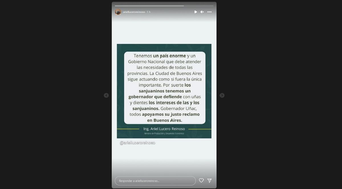 El mensaje de apoyo del ministro Ariel Lucero al gobernador Sergio Uñac.