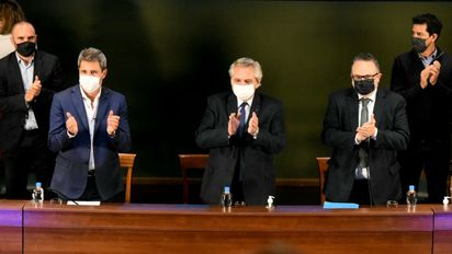El gobernador Sergio Uñac, el presidente Alberto Fernández y el ministro Matías Kulfas.