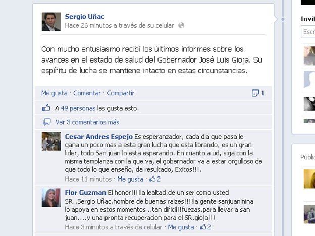 Sergio Uñac adelantó que la salud del gobernador es alentadora