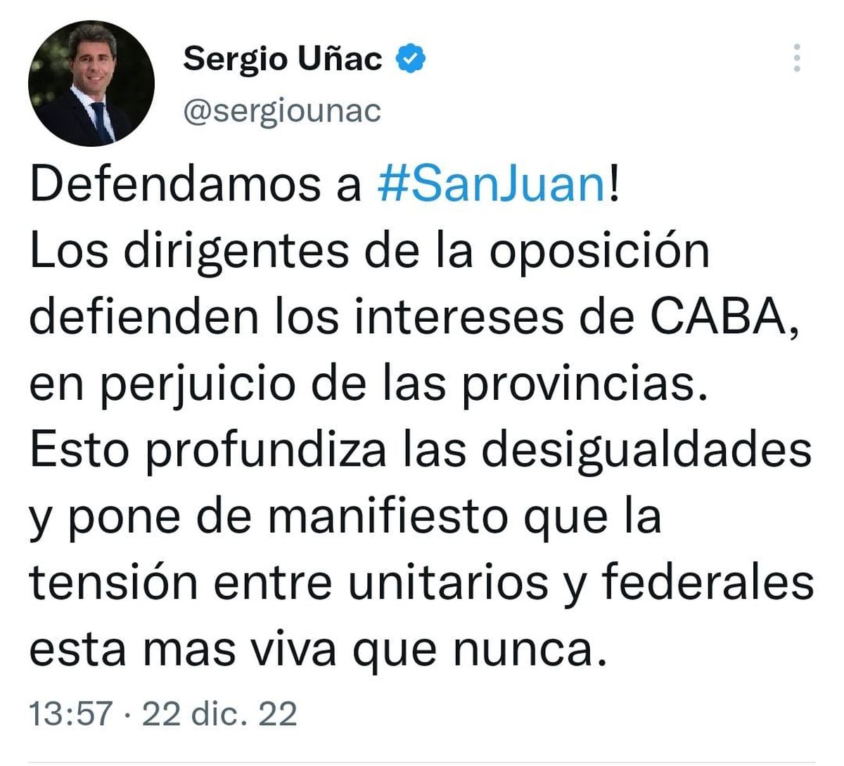 Uñac usó su cuenta de Twitter para exigir que la oposición defienda a San Juan