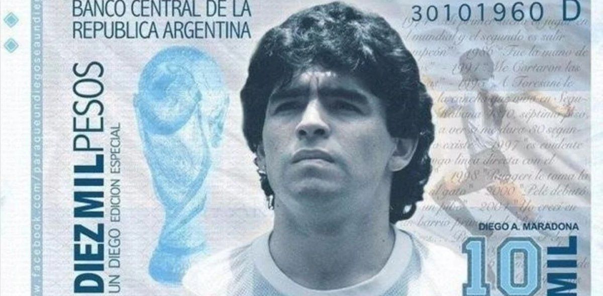 Billete de $10 mil con la cara de Maradona. 
