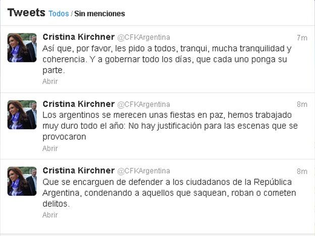 Por Twitter CFK dijo que los saqueos fueron provocados y pidio que los argentinos estén tranqui
