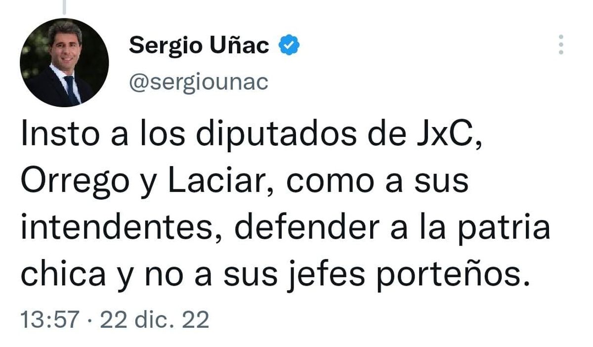 El mensaje del gobernador Uñac a través de Twitter.