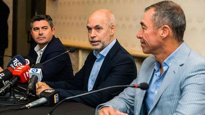 Horacio Rodríguez Larreta junto al candidato a gobernador Marcelo Orrego y el candidato a vice Fabián Martín.