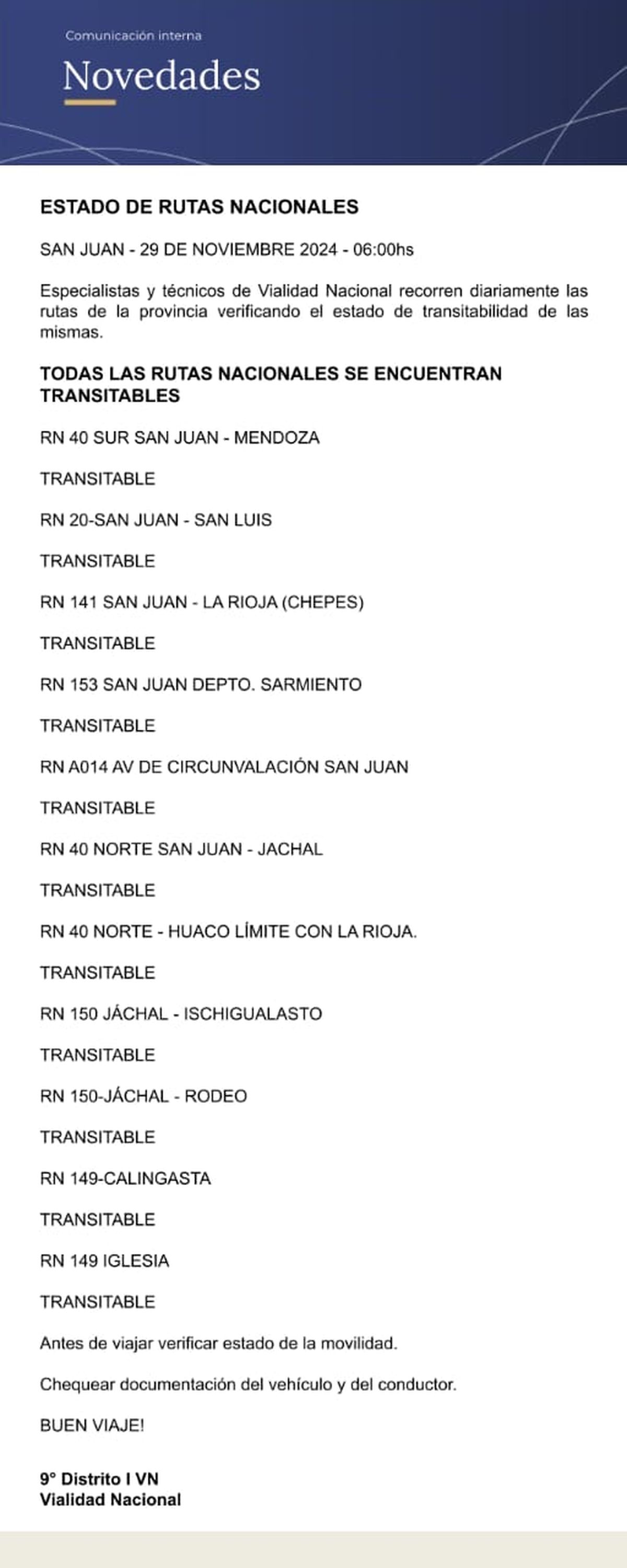 Vialidad Nacional confirmó la habilitación de Agua Negra y demás rutas