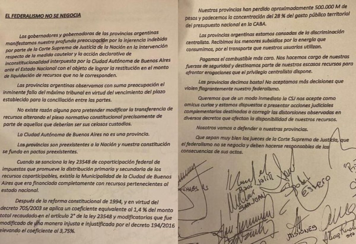 Uñac firmó un documento afirmando que el federalismo no se negocia