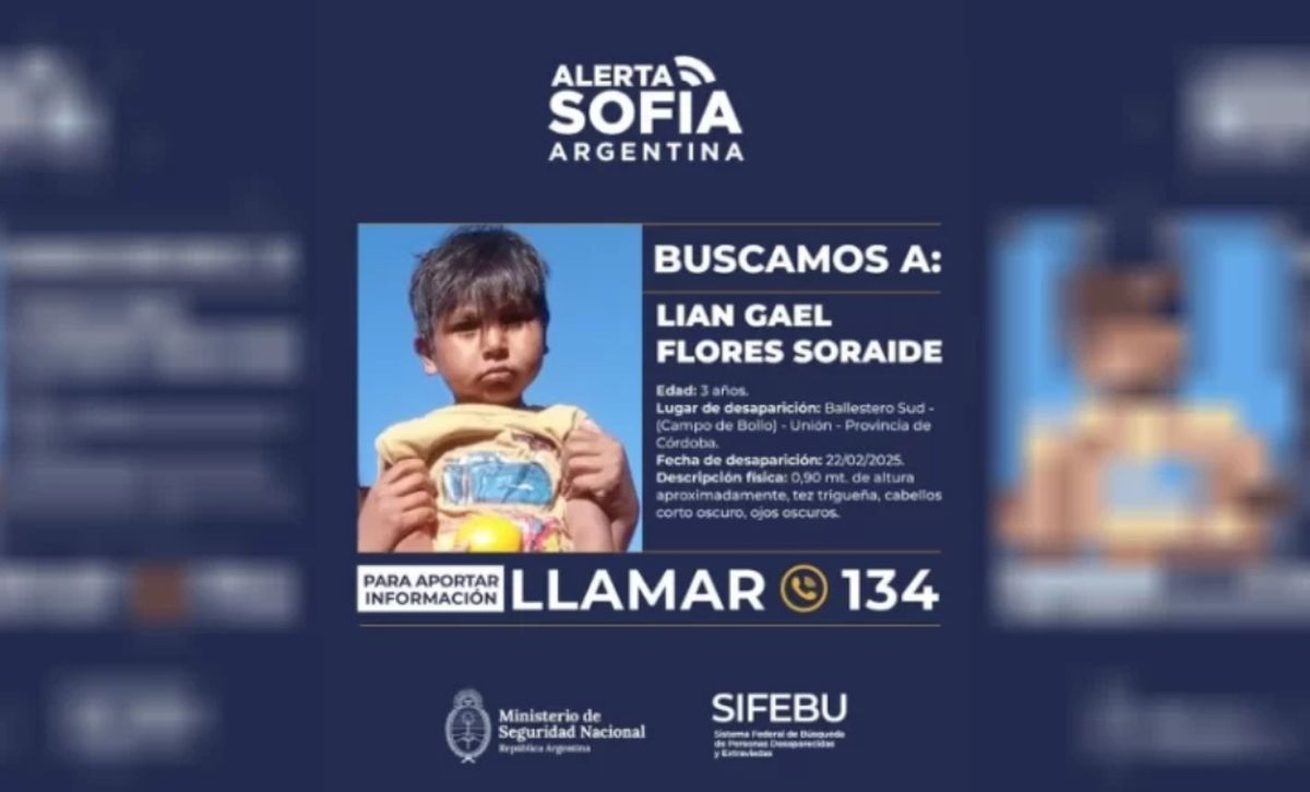 Activan Alerta Sofía por Liam Gael Flores Soraire, el niño desaparecido en Córdoba