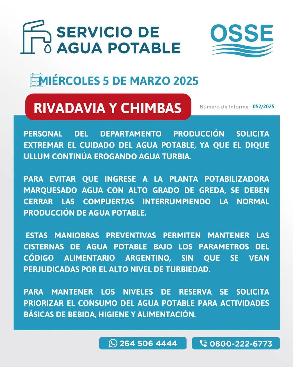 Alerta para vecinos de Chimbas y Rivadavia: agua turbia y recomendaciones de OSSE