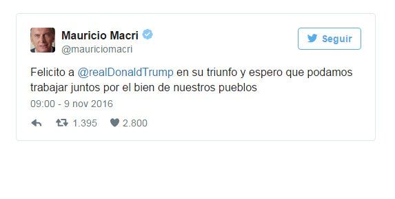 Mauricio Macri felicitó a Donald Trump tras el triunfo electoral en Estados Unidos