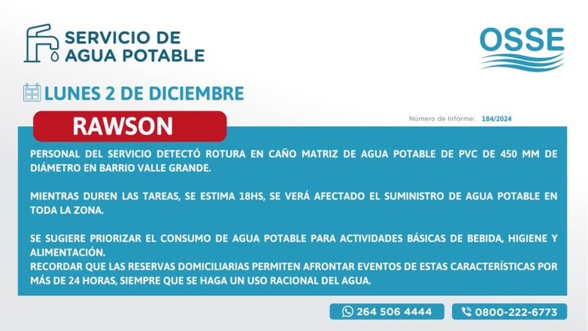 El barrio Valle Grande estará sin agua hasta las 18