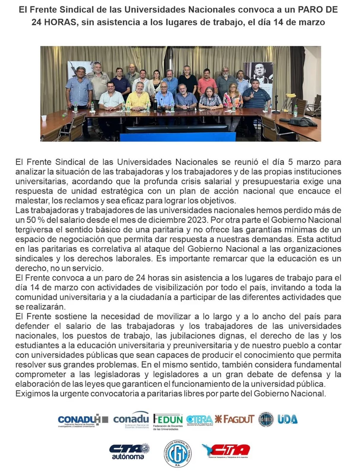 Las universidades convocaron a un paro para el 14 de marzo