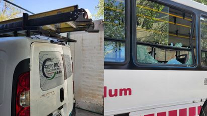 Un utilitario reventó el vidrio de un colectivo con una escalera