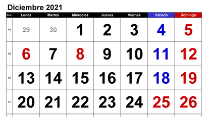 Calendario de diciembre 2021.