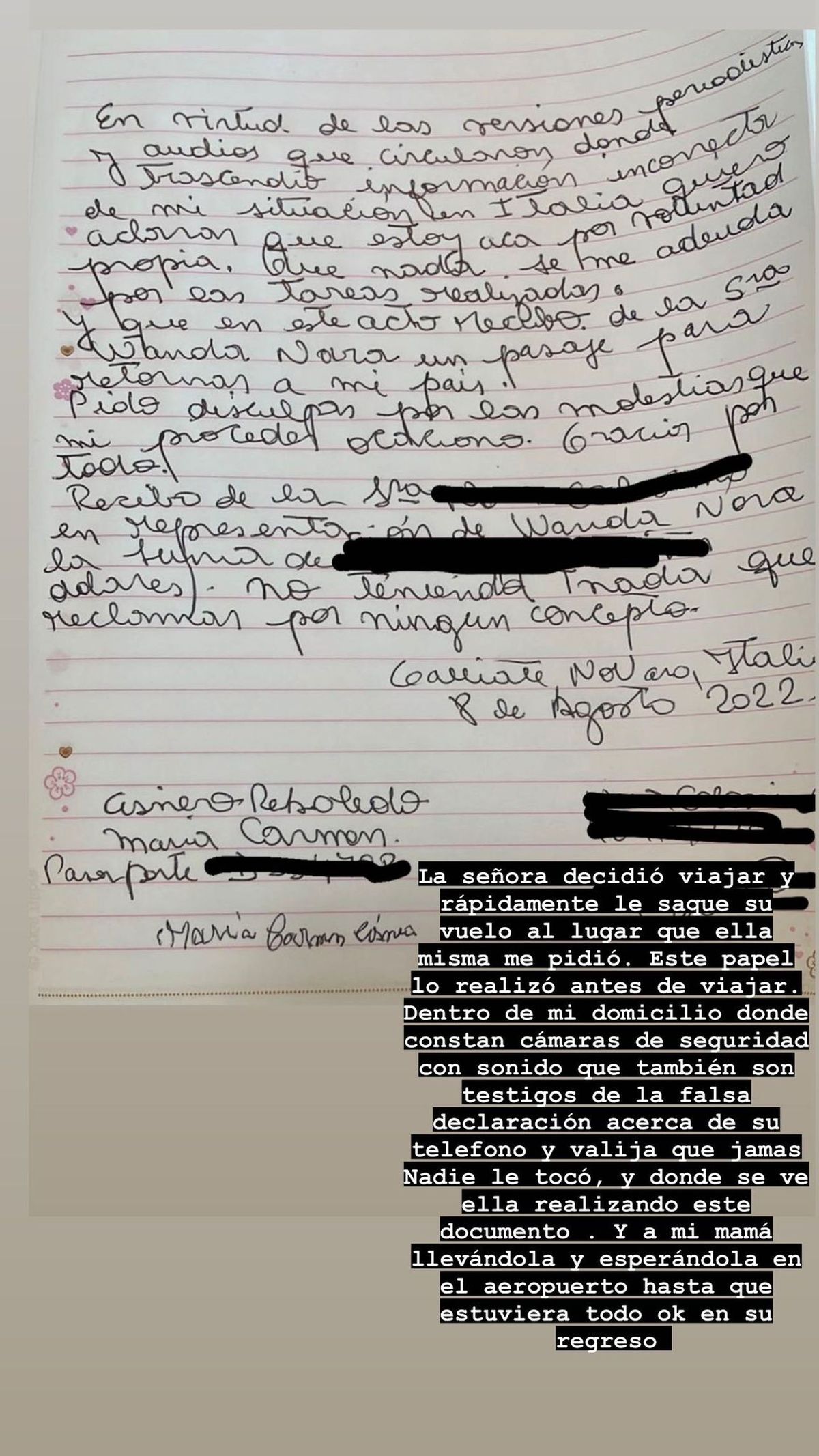 Wanda Nara publicó la carta que le hizo escribir a su exempleada antes de abandonar Italia
