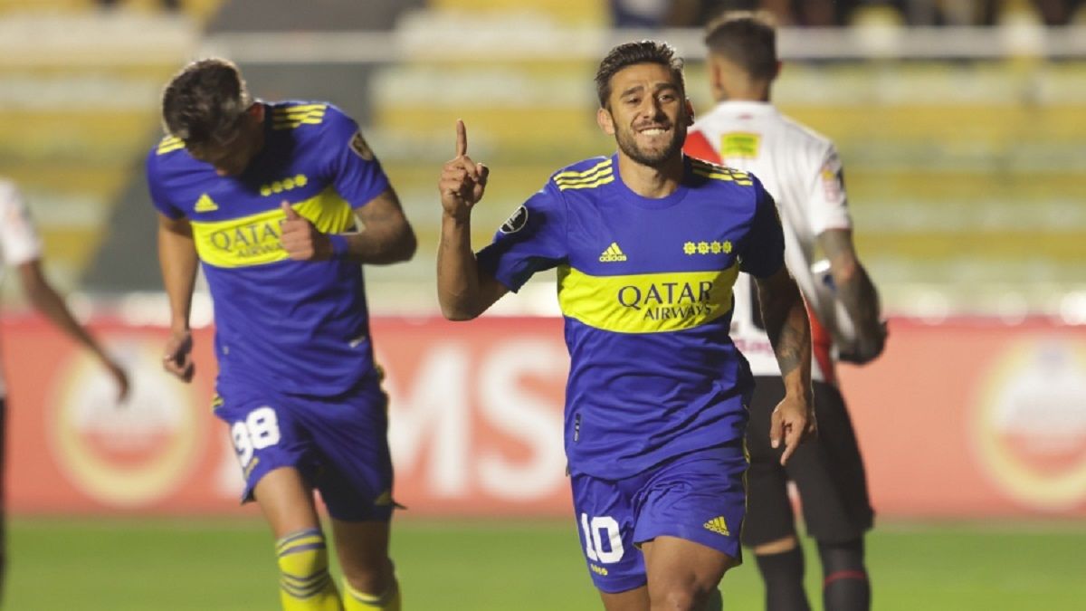 Toto Salvio festeja el único gol del partido. Foto: @Libertadores (Twitter).
