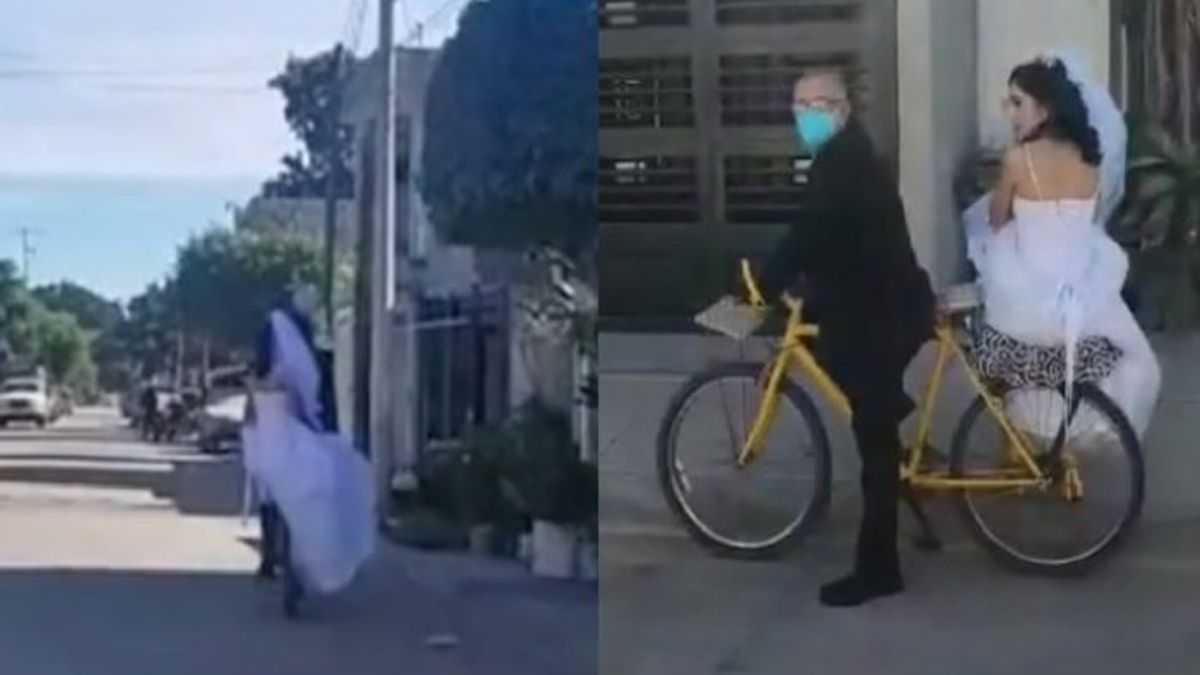 Un padre llevó a su hija a su casamiento en bicicleta.