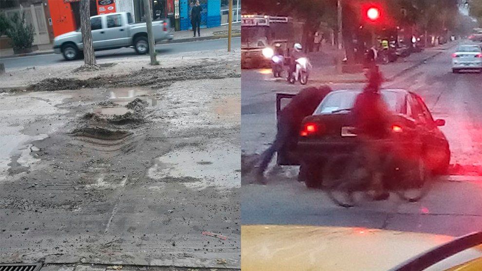 Peligro en Libertador: un auto quedó incrustado en una grieta en medio de la calle