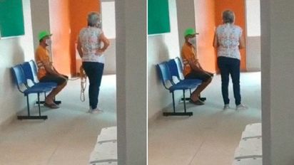 LLevó atado a su marido al centro de salud para que lo vacunen