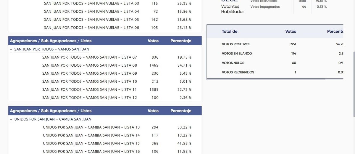 Datos oficiales: Castro ganó en Angaco y se impuso por 84 votos